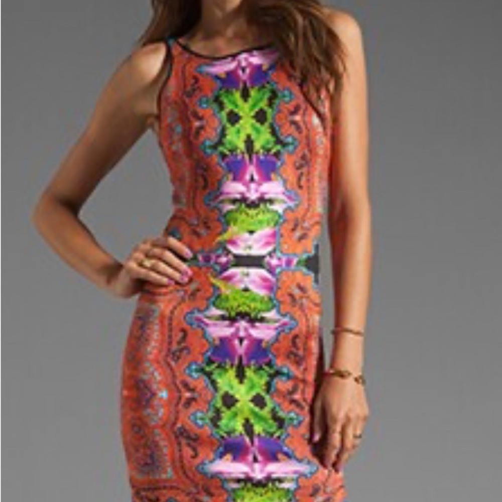 NWT CLOVER CANYON Orchard Tulip Bodycon Scuba Neoprene Printed Dress . SZ S